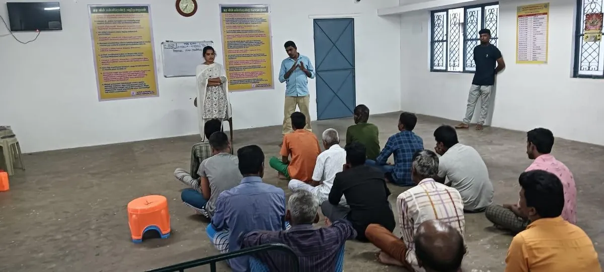 Community participants in a psychological counselling and family reintegration workshop in Tiruppur